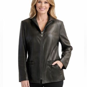JONES NEW YORK Blazer Genuine Black Leather Jacket Zip Front Womens Size Medium